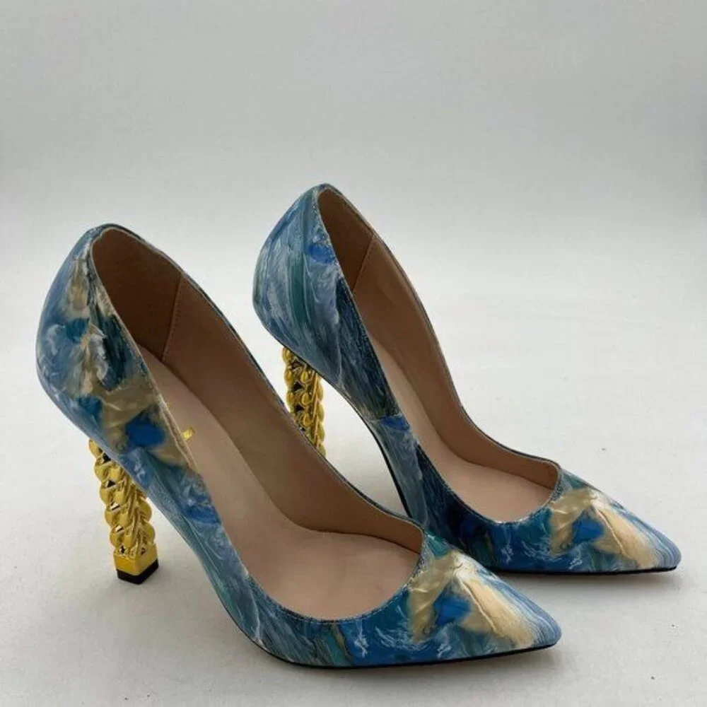 FSJ Women Gold Metal Chain Chunky High Heel Pointed Toe Slip On Fashion Party